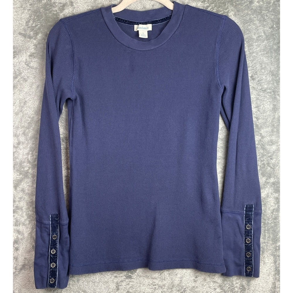 Sundance Thermal Knit Long‎ Sleeve Ribbed Top Small Blue Velvet Trim Button Cuff